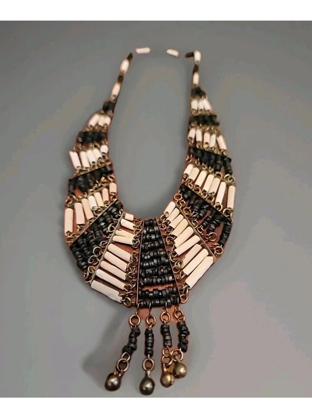 Statement Black and Gold Beaded Bib Necklace-Tribal Natural Stone And Bone